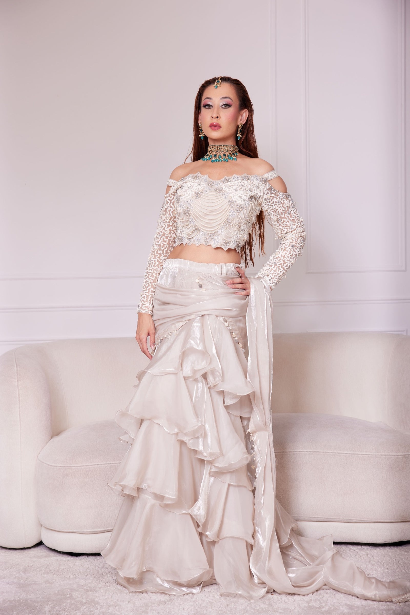 Champagne Pearl Cascade Couture Lehenga