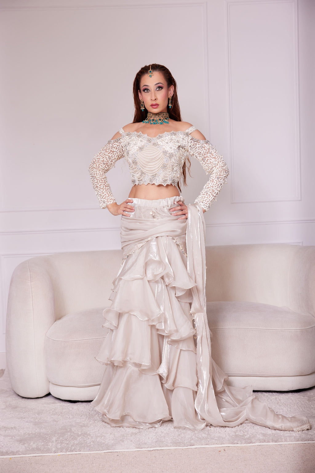Champagne Pearl Cascade Couture Lehenga