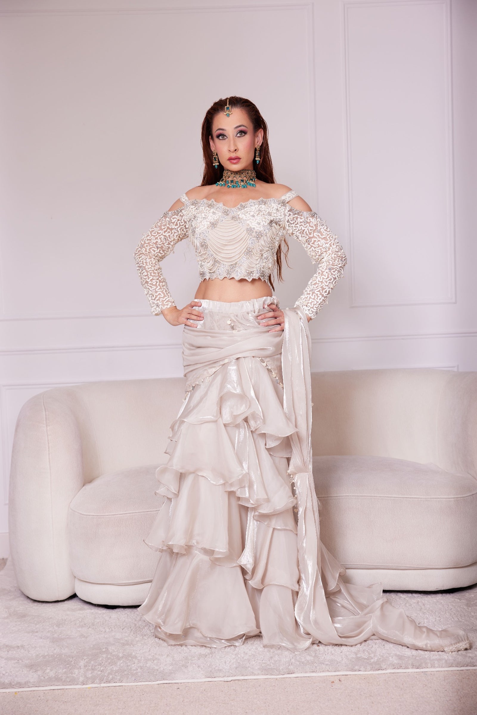 Champagne Pearl Cascade Couture Lehenga