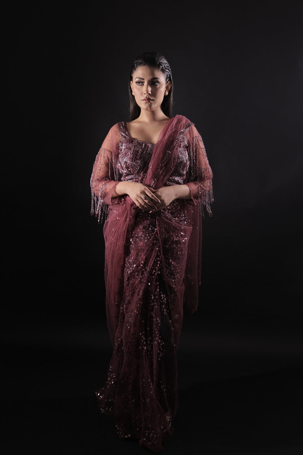 Aurelia Wine Sequin Saree
