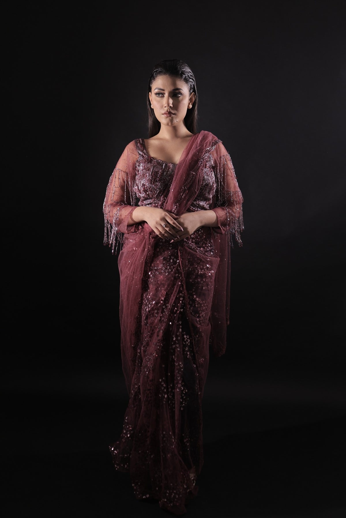 Aurelia Wine Sequin Saree
