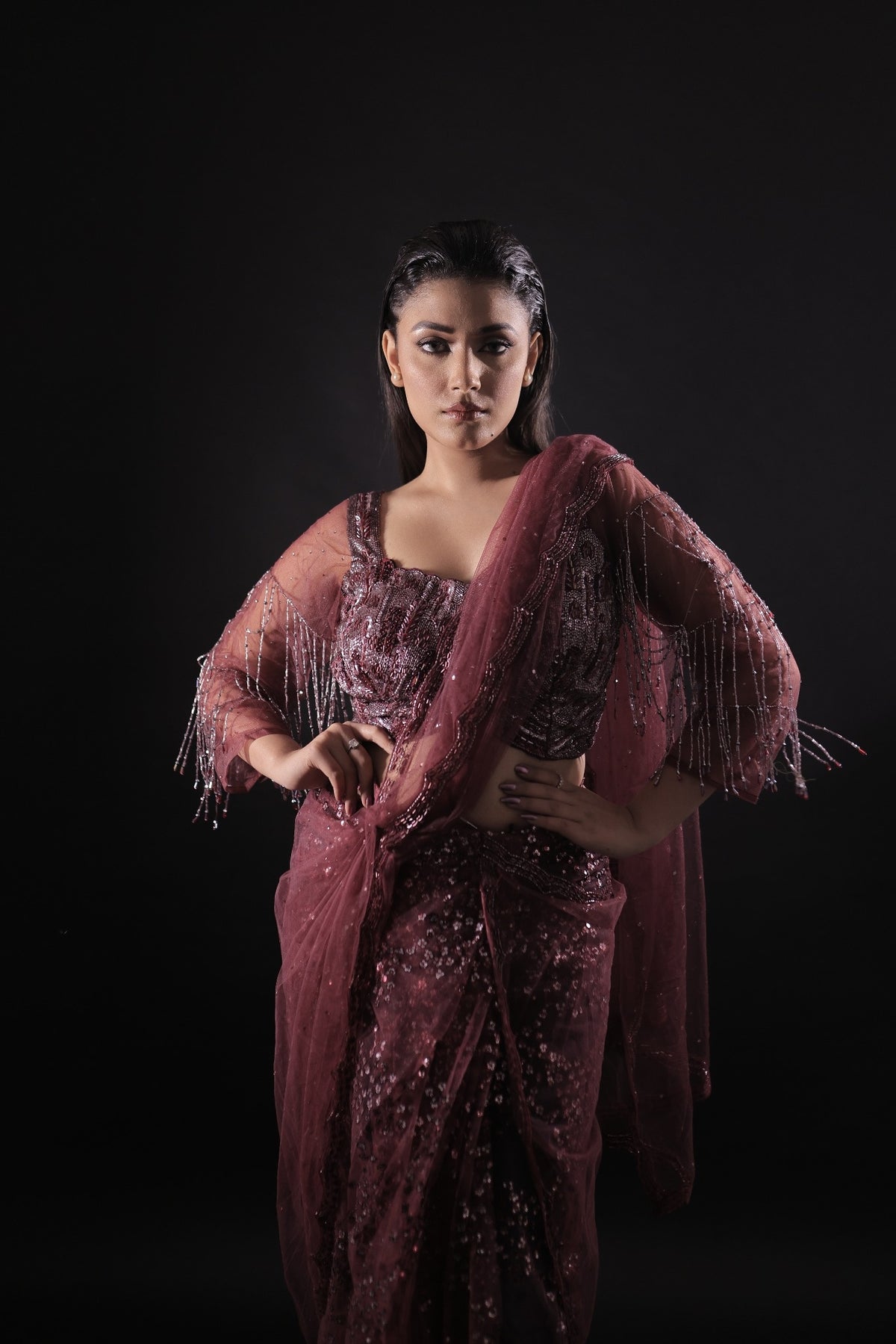 Aurelia Wine Sequin Saree