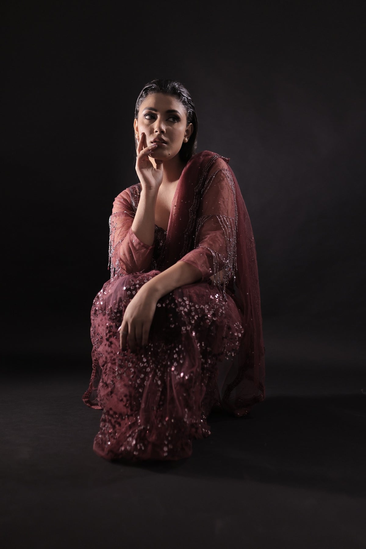 Aurelia Wine Sequin Saree