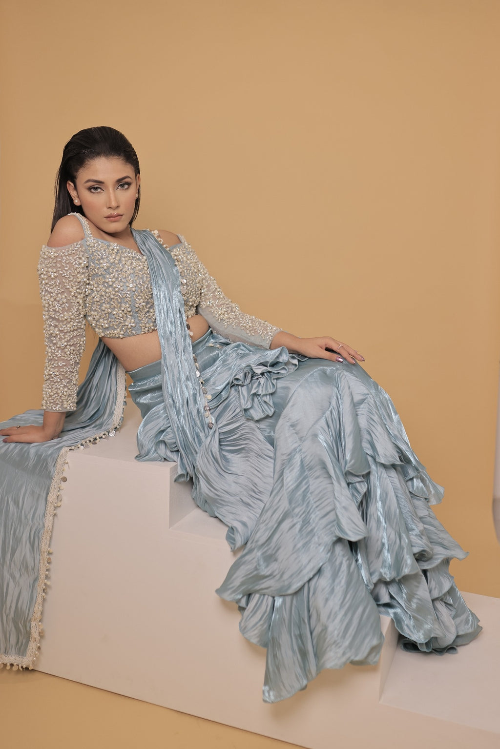 Celestia Ice Blue Lehenga Saree