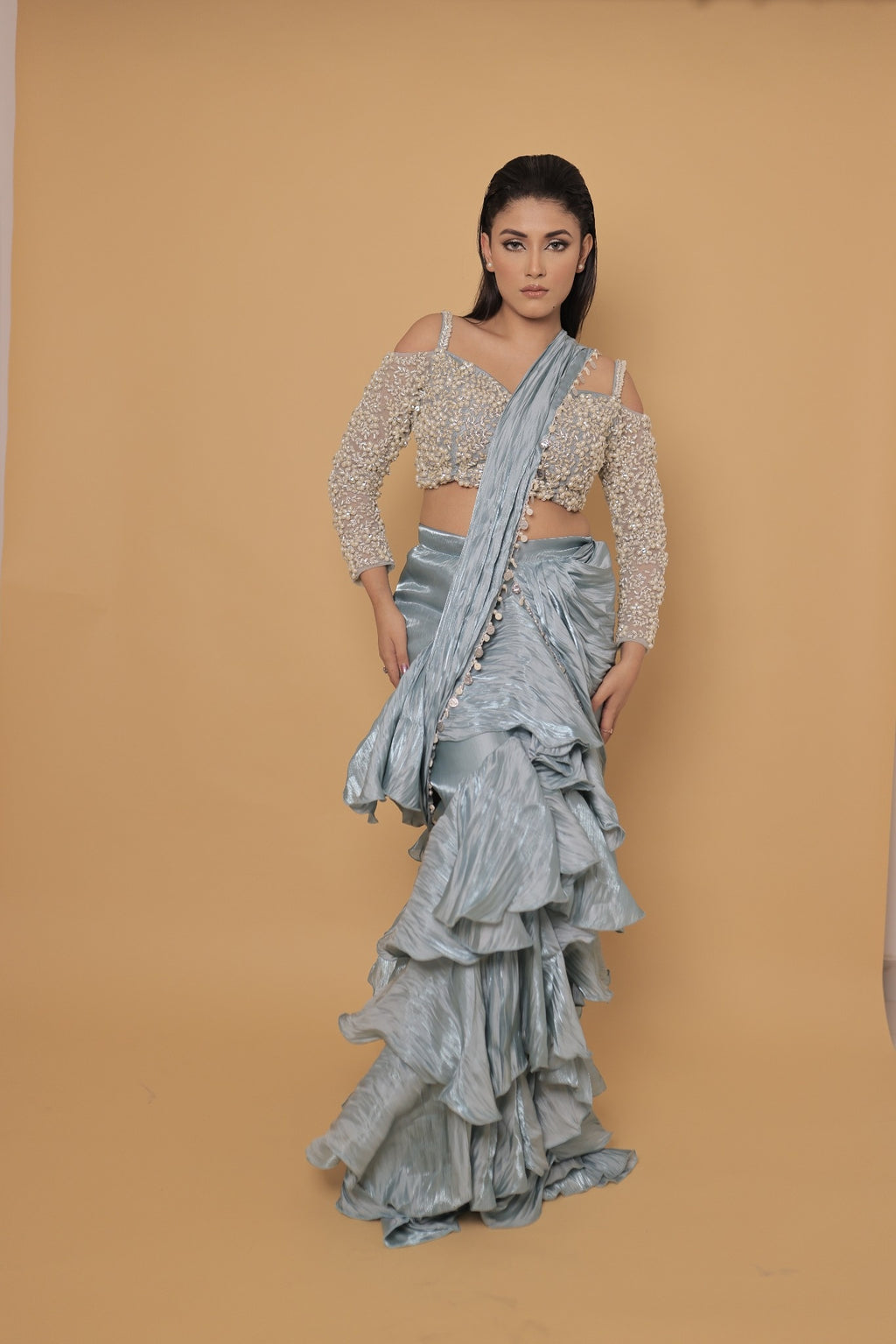Celestia Ice Blue Lehenga Saree
